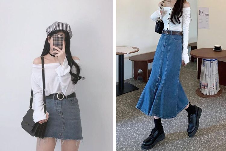 chân váy jean dài qua gối mặc với áo gì